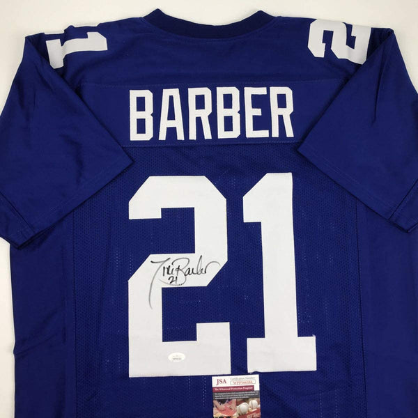 Autographed/Signed Tiki Barber New York Blue Football Jersey JSA COA