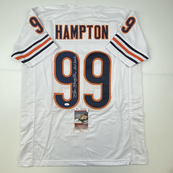 Autographed/Signed Dan Hampton HOF 2002 Chicago White Football Jersey JSA COA