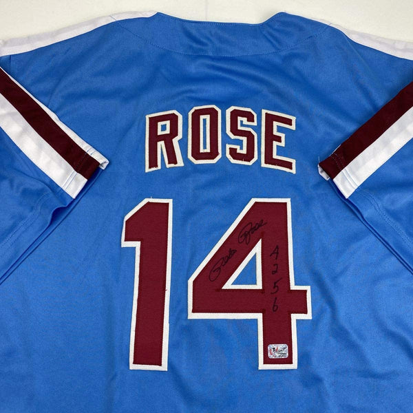 Autographed/Signed Pete Rose 4256 Philadelphia Blue Baseball Jersey Athlete Hologram COA