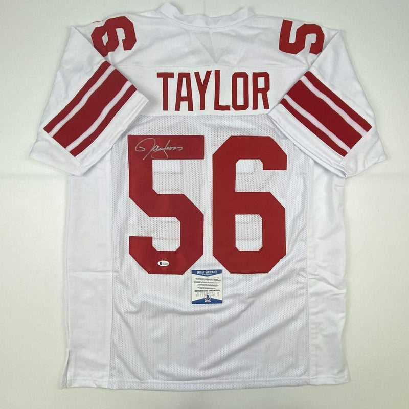 Autographed/Signed Lawrence Taylor New York White Football Jersey Beckett BAS COA