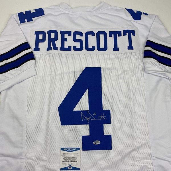 Autographed/Signed Dak Prescott Dallas White Football Jersey Beckett BAS COA