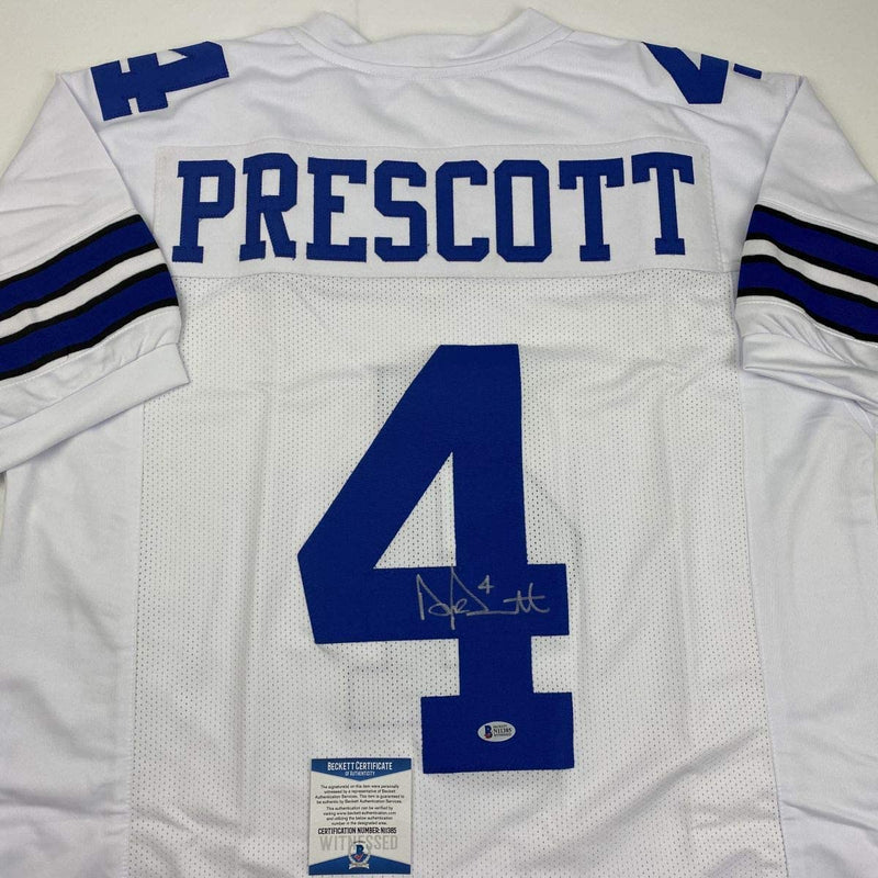 Autographed/Signed Dak Prescott Dallas White Football Jersey Beckett BAS COA