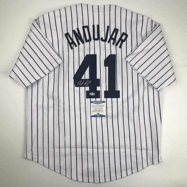 Autographed/Signed Miguel Andujar New York Pinstripe Baseball Jersey Beckett BAS COA