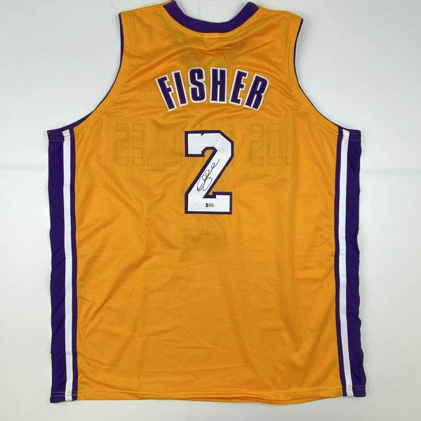 Autographed/Signed Derek Fisher Los Angeles LA Yellow Basketball Jersey Beckett BAS COA