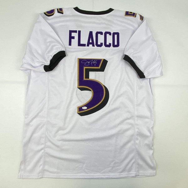 Autographed/Signed Joe Flacco Baltimore White Football Jersey JSA COA