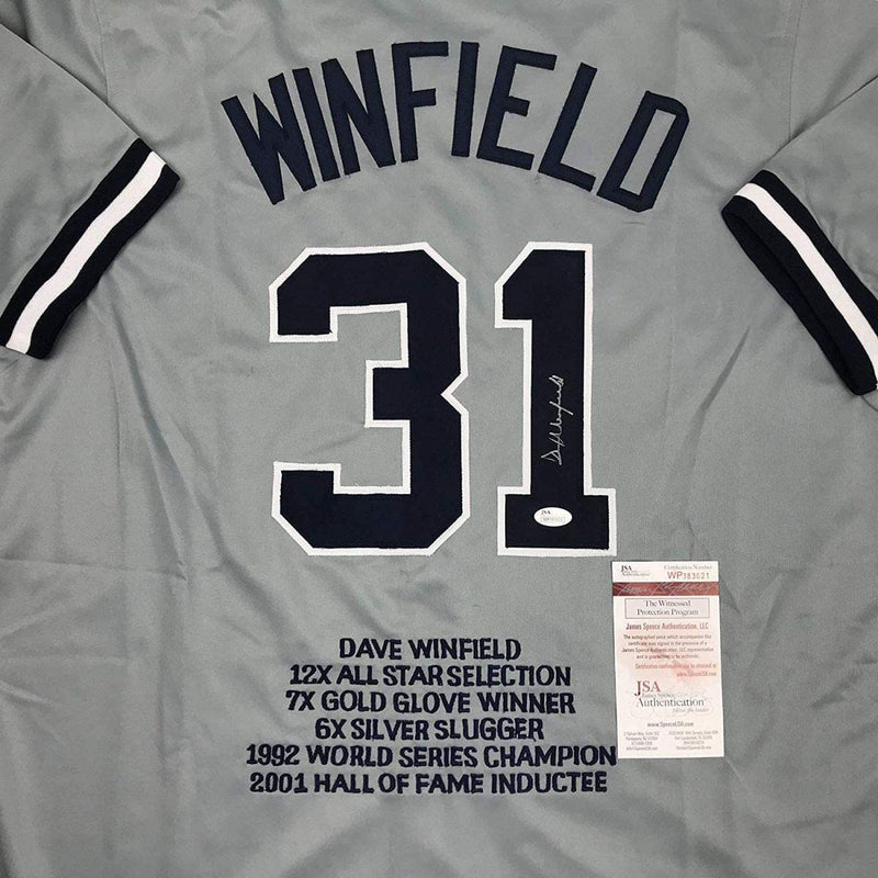 Autographed/Signed Dave Winfield New York Grey Stat Baseball Jersey JSA COA