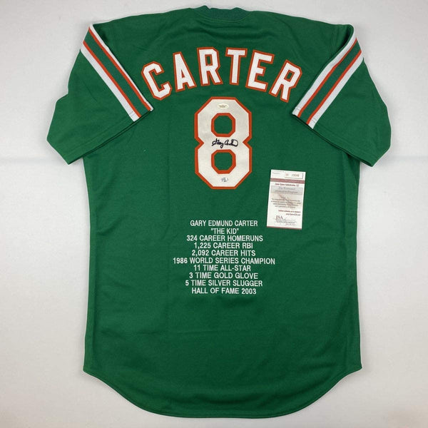 Autographed/Signed Gary Carter New York Green Stat Baseball Jersey JSA COA