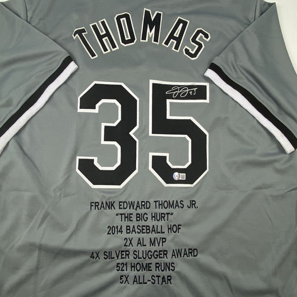 Autographed/Signed Frank Thomas Chicago Grey Stat Baseball Jersey Beckett BAS COA