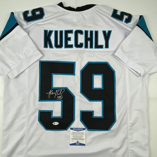 Autographed/Signed Luke Kuechly Carolina White Football Jersey Beckett BAS COA