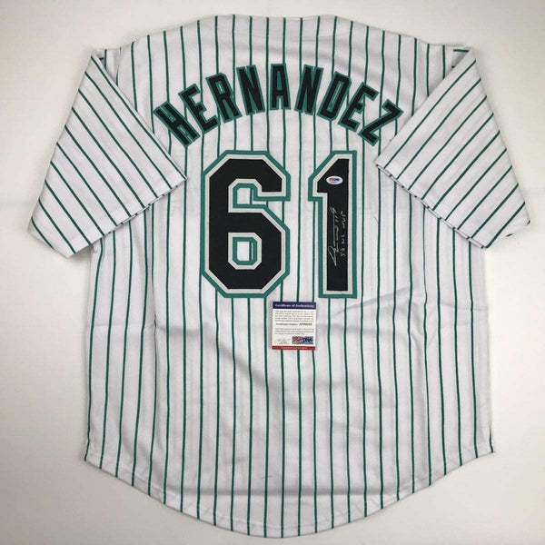 Autographed/Signed Livan Hernandez 97 WS MVP Florida Pinstripe Baseball Jersey PSA/DNA COA