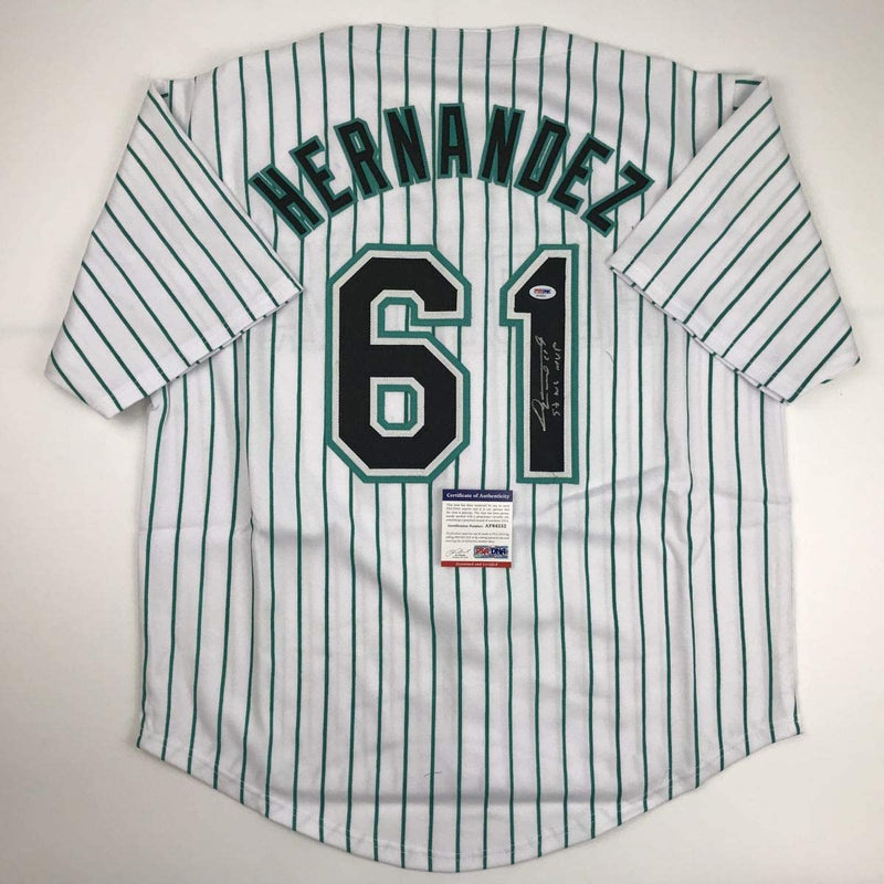 Autographed/Signed Livan Hernandez 97 WS MVP Florida Pinstripe Baseball Jersey PSA/DNA COA