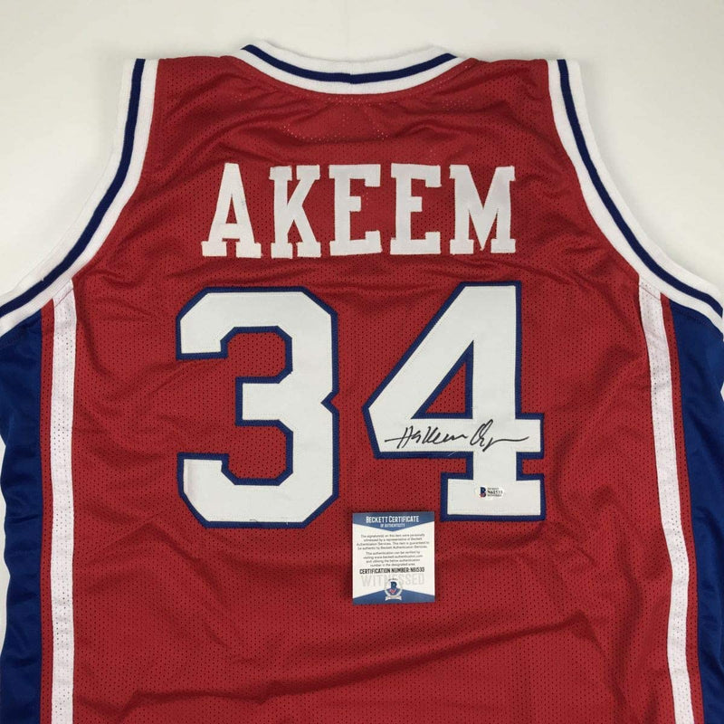 Autographed/Signed Hakeem Akeem Olajuwon Houston Red College Basketball Jersey Beckett BAS COA