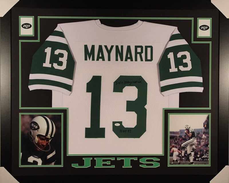 Autographed/Signed Don Maynard HOF 87  Framed 35x43 New York Jets White Football Jersey JSA COA