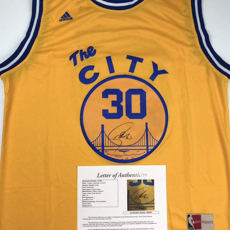 Autographed/Signed Stephen Steph Curry Golden State The City Yellow Basketball Jersey JSA COA/LOA