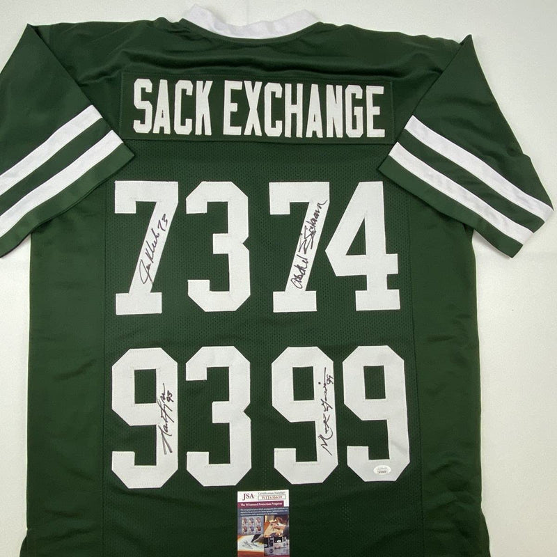 Autographed/Signed NY Sack Exchange Mark Gastineau, Joe Klecko, Marty Lyons & Abdul Salaam New York Green Football Jersey JSA COA