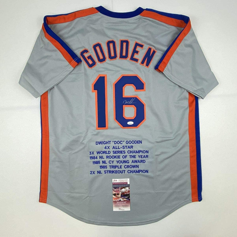 Autographed/Signed Dwight Doc Gooden New York NY Grey Stat Baseball Jersey JSA COA