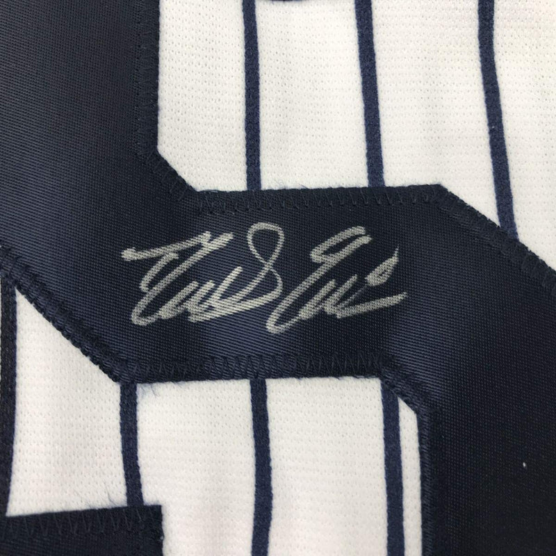 Autographed/Signed Domingo German New York Pinstripe Baseball Jersey JSA COA