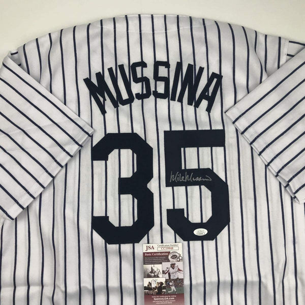 Autographed/Signed Mike Mussina New York Pinstripe Baseball Jersey JSA COA