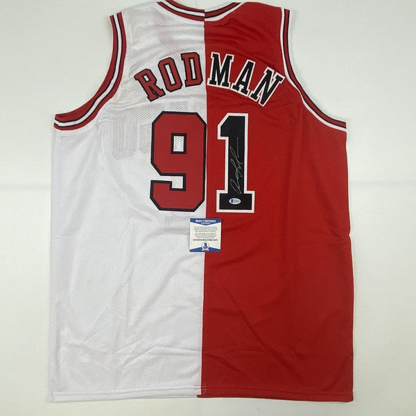 Autographed/Signed Dennis Rodman Chicago Split Basketball Jersey Beckett BAS COA