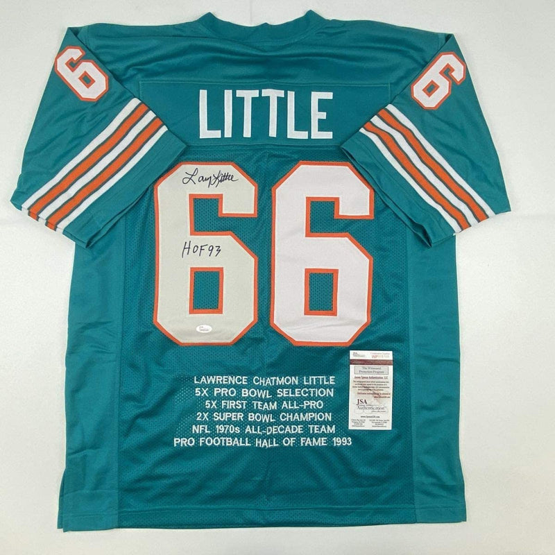 Autographed/Signed Larry Little HOF 93 Miami Teal Stat Football Jersey JSA COA