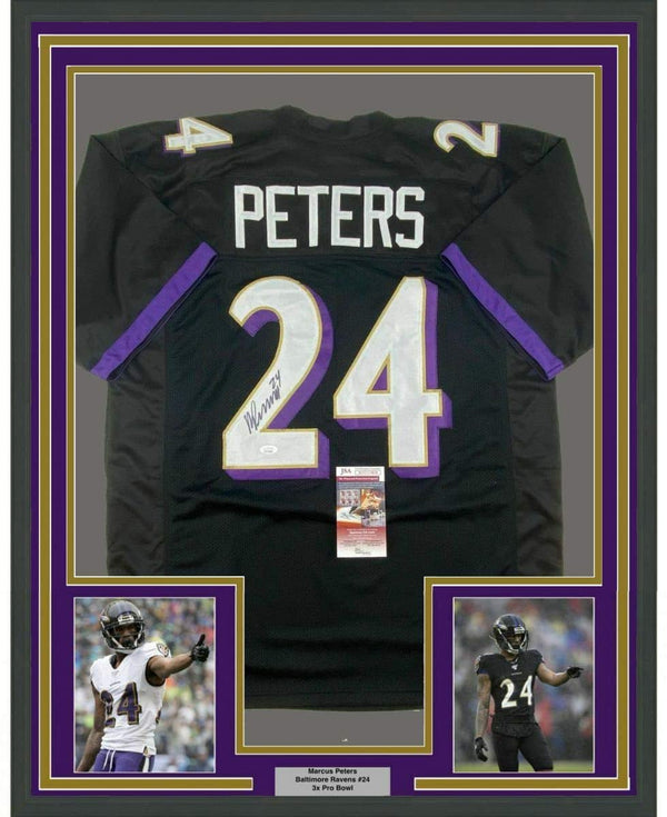 Framed Autographed/Signed Marcus Peters 35x39 Baltimore Black Football Jersey JSA COA