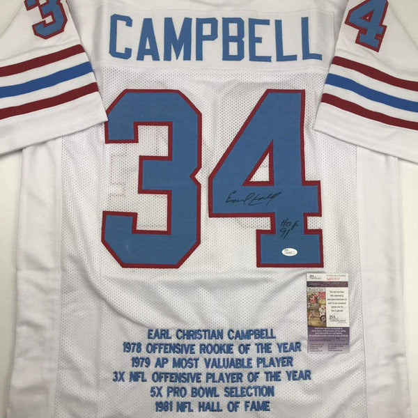 Autographed/Signed Earl Campbell HOF 91 Houston White Stat Football Jersey JSA COA