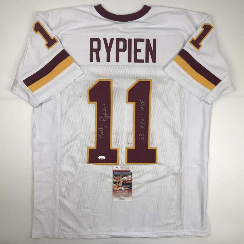 Autographed/Signed Mark Rypien SB XXVI MVP Washington White Football Jersey JSA COA