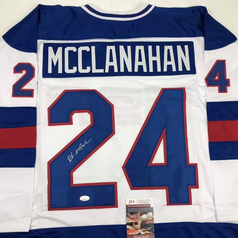 Autographed/Signed Rob McClanahan White Team USA Miracle On Ice 1980 Olympics Hockey Jersey JSA COA