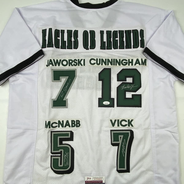 Autographed/Signed Eagles QB Legends McNabb Cunningham Vick Jaworski Philadelphia White Football Jersey JSA COA