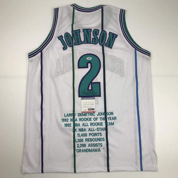 Autographed/Signed Larry Johnson Charlotte White Stat Basketball Jersey PSA/DNA COA