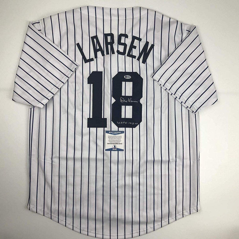 Autographed/Signed Don Larsen WS PG 10-8-56 New York Pinstripe Baseball Jersey Beckett BAS COA