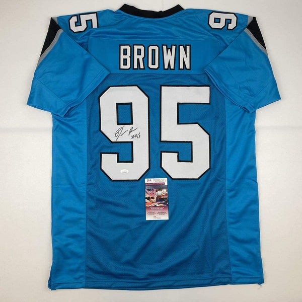 Autographed/Signed Derrick Brown Carolina Blue Football Jersey JSA COA