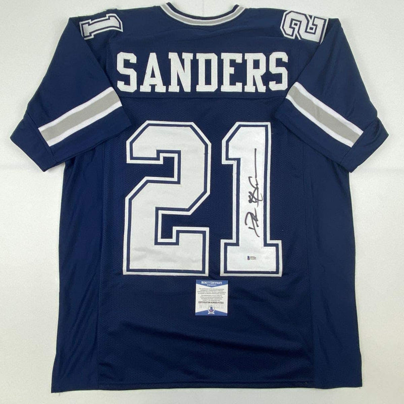 Autographed/Signed Deion Sanders Dallas Blue Football Jersey Beckett BAS COA