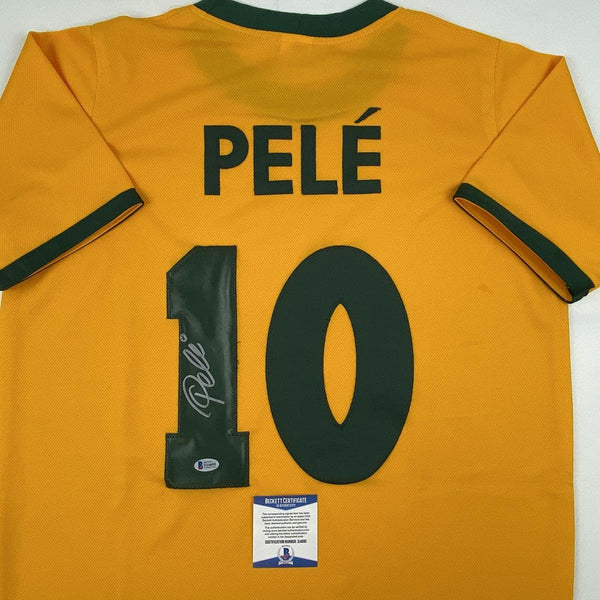 Autographed/Signed Pele Brazil Yellow Soccer Futbol Jersey Beckett BAS COA Auto
