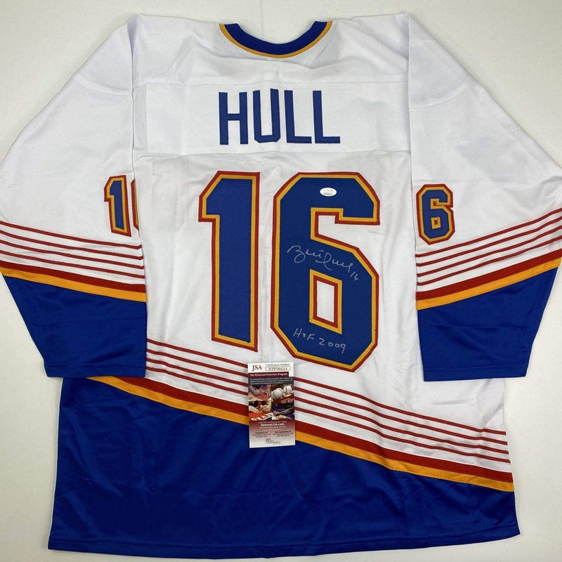 Autographed/Signed Brett Hull HOF 2009 St. Louis Retro White Hockey Jersey JSA COA
