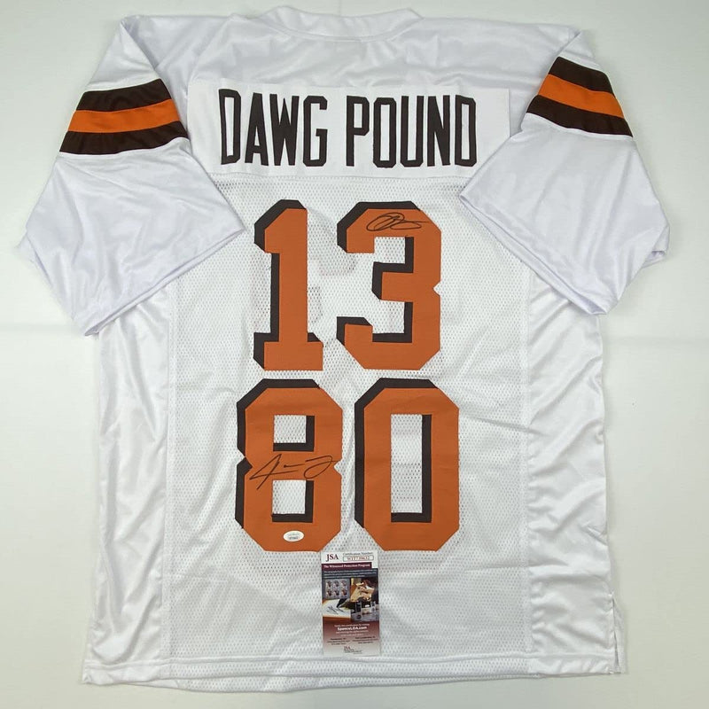 Autographed/Signed Odell Beckham Jr. & Jarvis Landry Cleveland White Football Jersey JSA COA