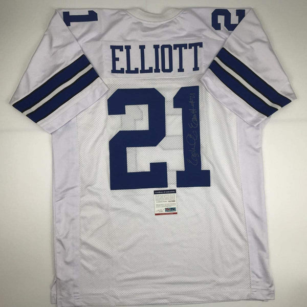 Autographed/Signed Ezekiel Elliott Dallas White Football Jersey PSA/DNA COA