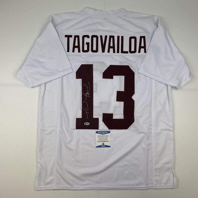 Autographed/Signed Tua Tagovailoa Alabama White College Football Jersey Beckett BAS COA