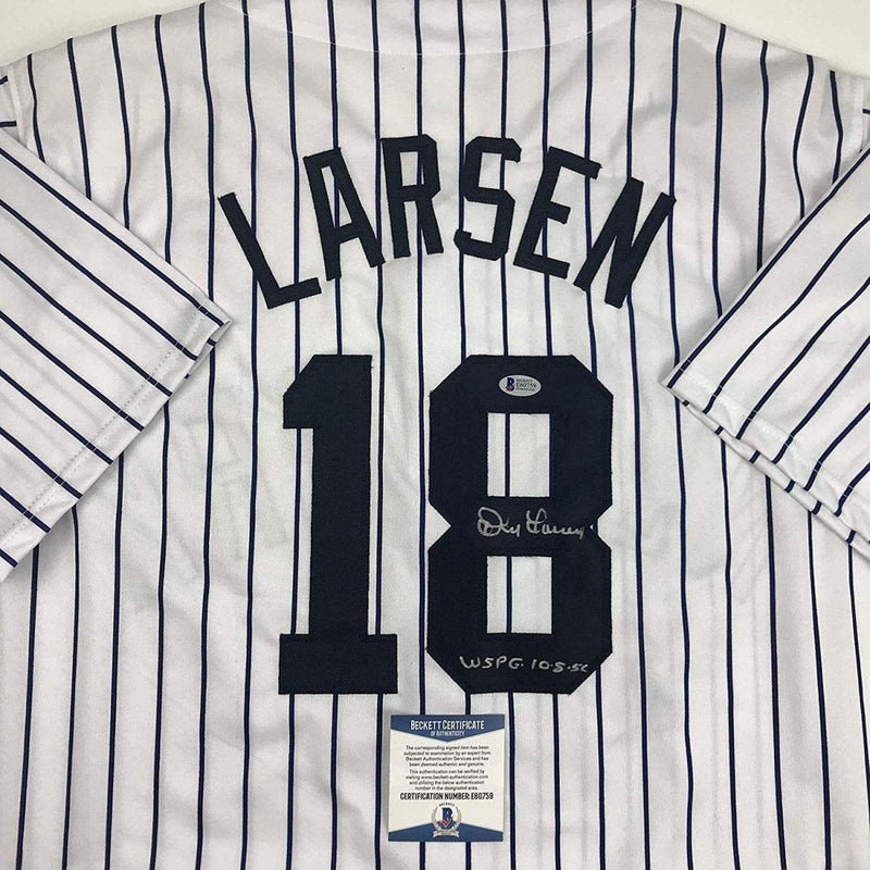 Autographed/Signed Don Larsen WS PG 10-8-56 New York Pinstripe Baseball Jersey Beckett BAS COA