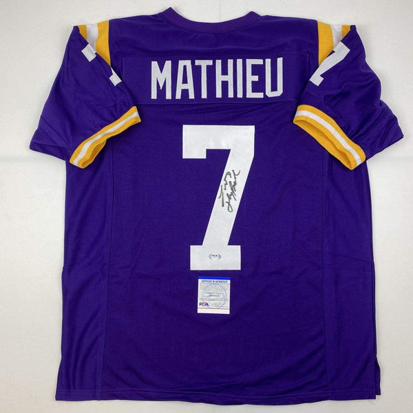Autographed/Signed Tyrann Mathieu Inscribed Honey Badger LSU Purple College Football Jersey PSA/DNA COA