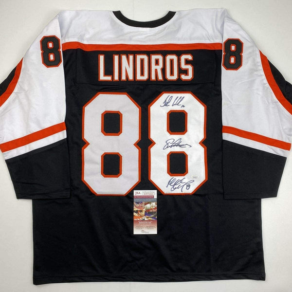 Autographed/Signed Legion of Doom Eric Lindros, John LeClair & Mikail Renberg Philadelphia Black Hockey Jersey JSA COA