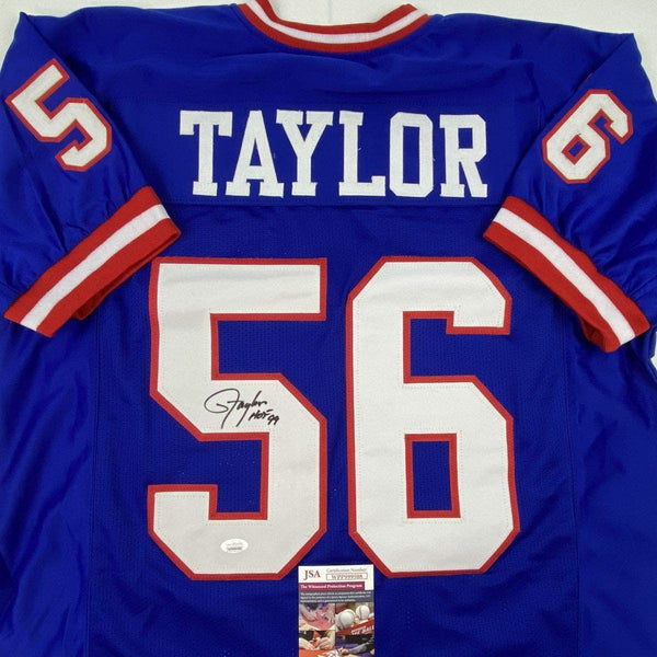 Autographed/Signed Lawrence Taylor HOF 99 New York Blue Football Jersey JSA COA