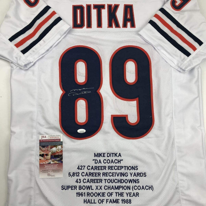 Autographed/Signed Mike Ditka Chicago White Stat Football Jersey JSA COA