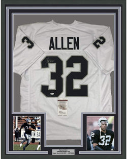 Framed Autographed/Signed Marcus Allen 35x39 Oakland White Football Jersey JSA COA