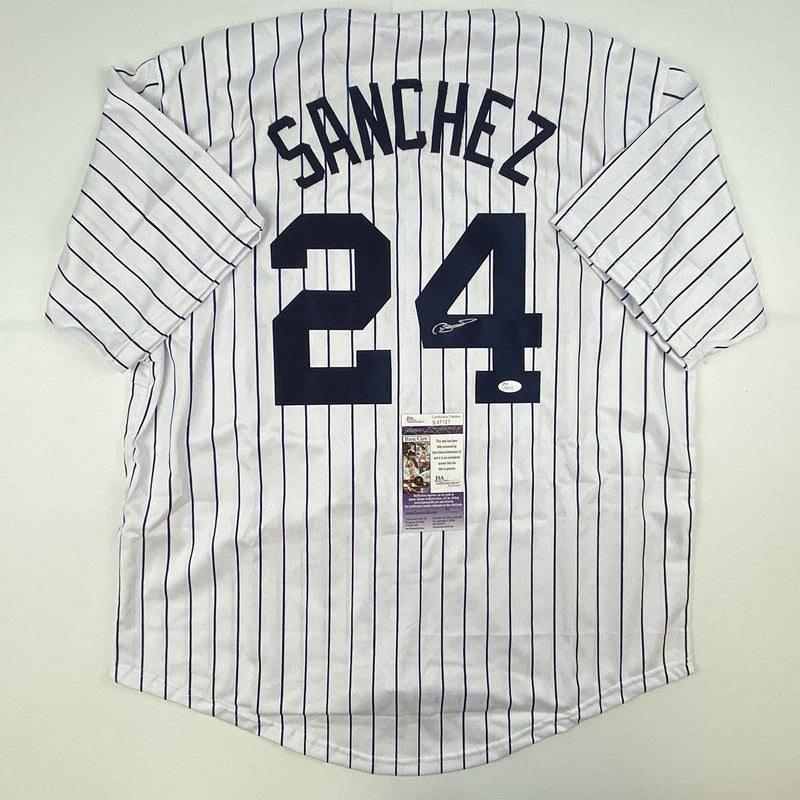Autographed/Signed Gary Sanchez New York Pinstripe Baseball Jersey JSA COA