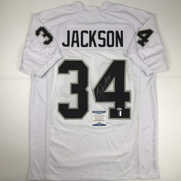 Autographed/Signed Bo Jackson Oakland White Football Jersey Beckett BAS COA