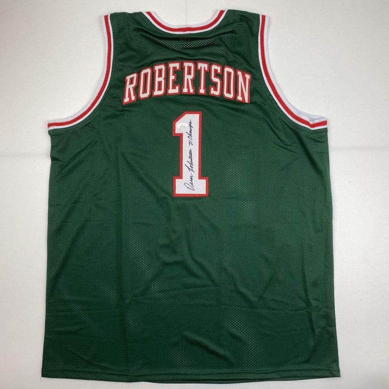 Autographed/Signed Oscar Robertson 71 Champs Milwaukee Green Basketball Jersey JSA COA