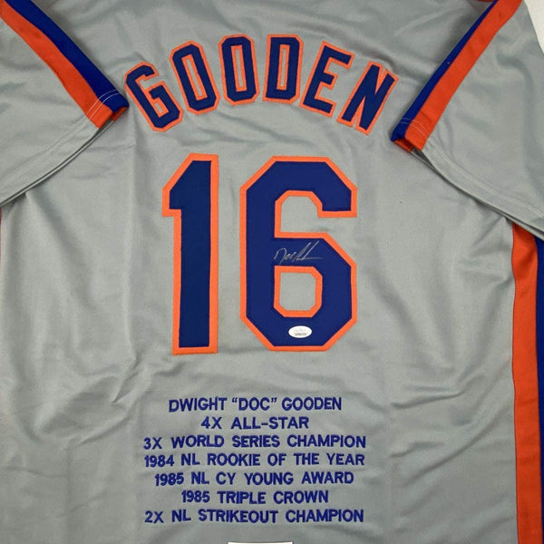 Autographed/Signed Dwight Doc Gooden New York NY Grey Stat Baseball Jersey JSA COA
