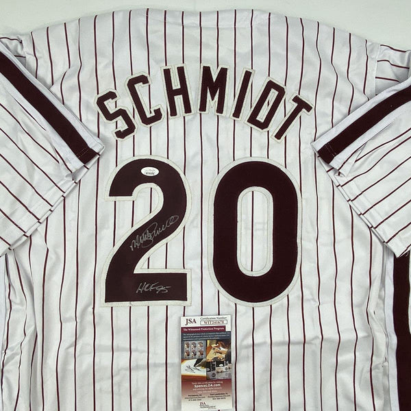 Autographed/Signed Mike Schmidt HOF 95 Philadelphia Pinstripe Baseball Jersey JSA COA