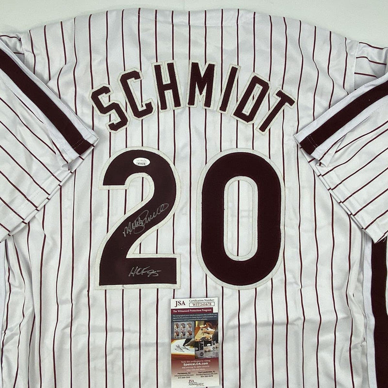 Autographed/Signed Mike Schmidt HOF 95 Philadelphia Pinstripe Baseball Jersey JSA COA